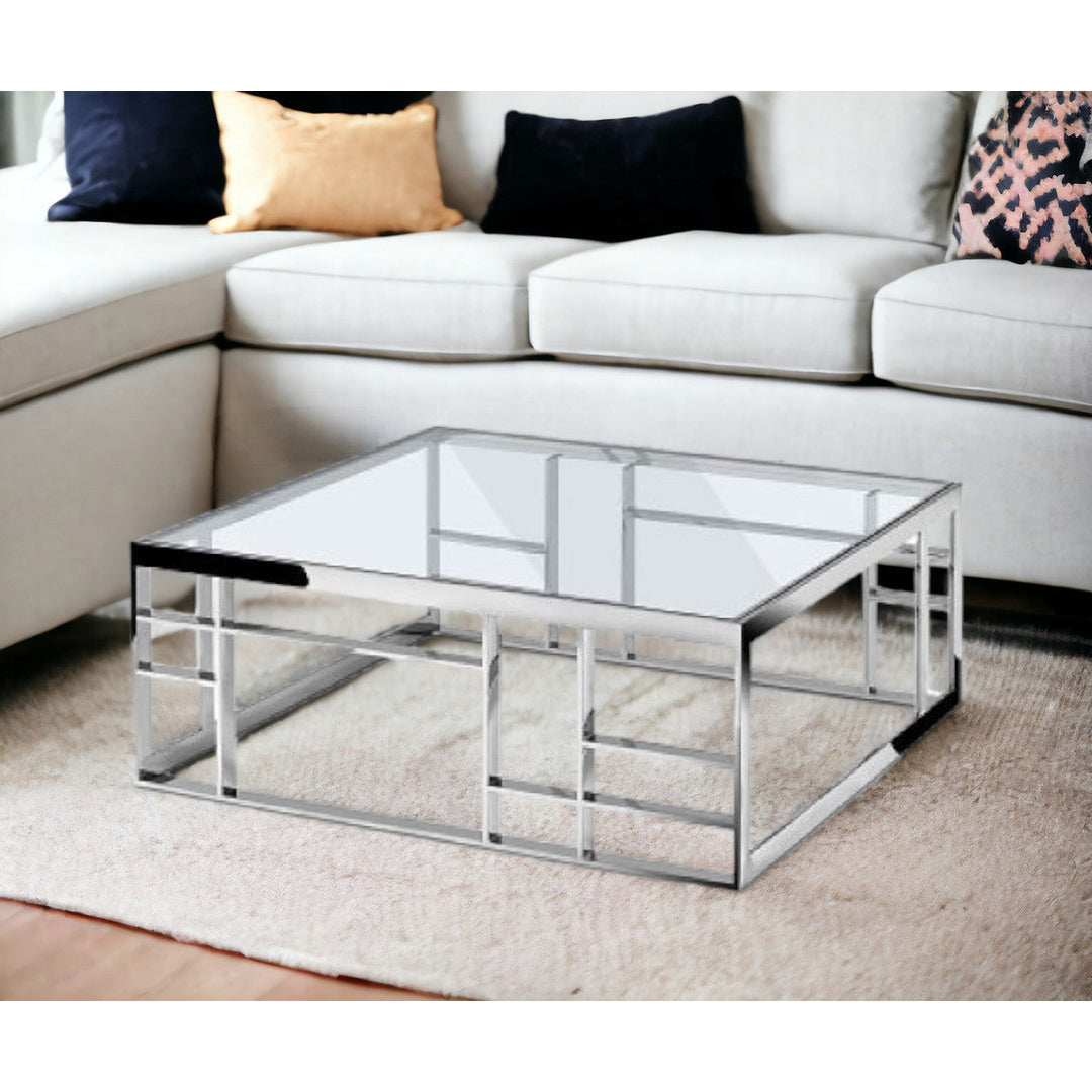 40" Silver And Clear Glass Square Coffee Table Image 5