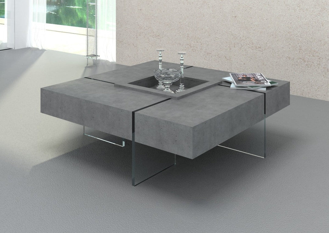 47" Gray And Clear Glass Square Coffee Table With Four Drawers Image 1