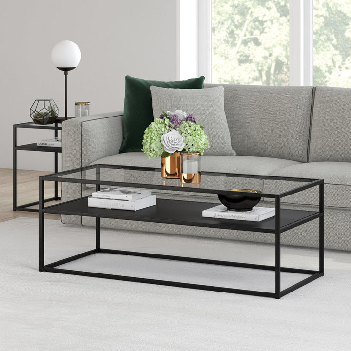 46" Black Glass And Steel Coffee Table With Shelf Image 6