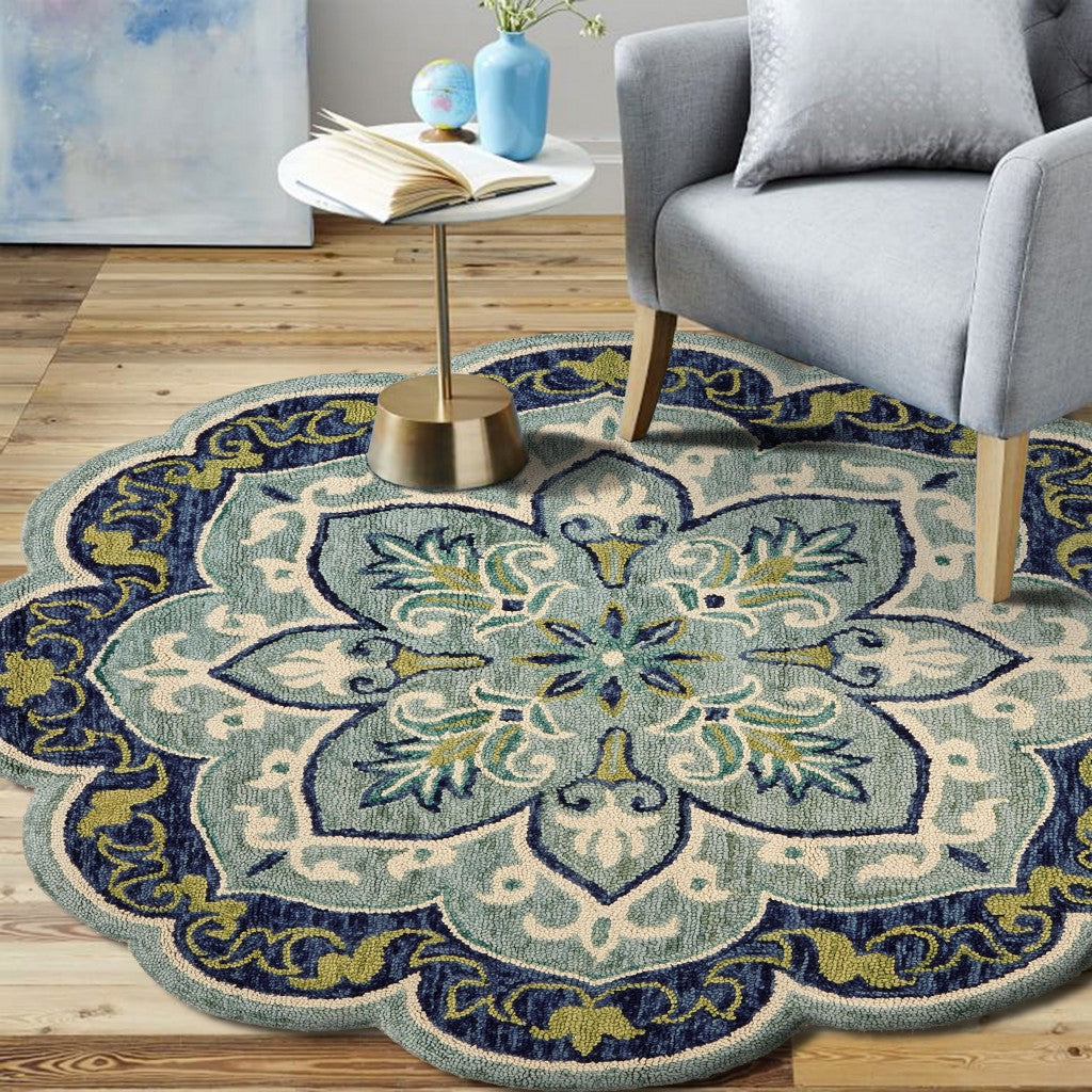 4 Round Blue Ornate Medallion Area Rug Image 9