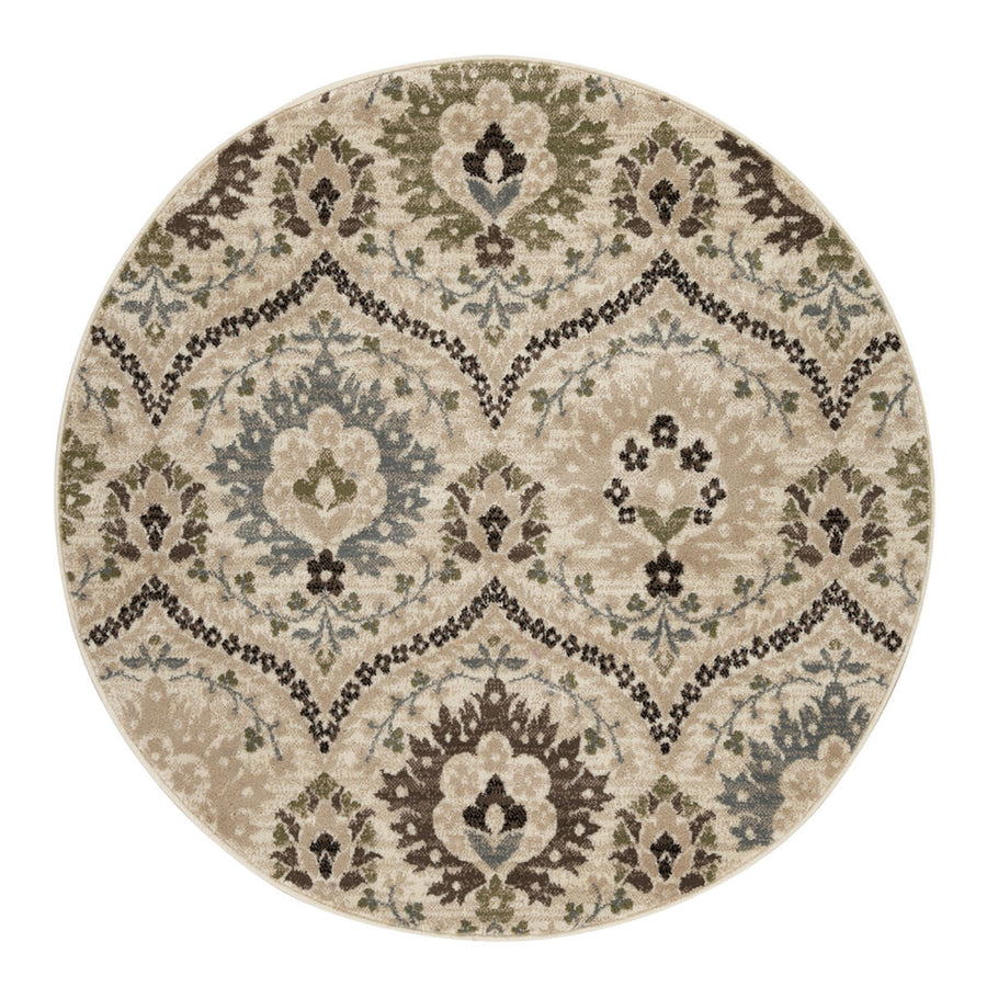 5 Round Ivory Gray And Olive Round Floral Stain Resistant Area Rug Image 1