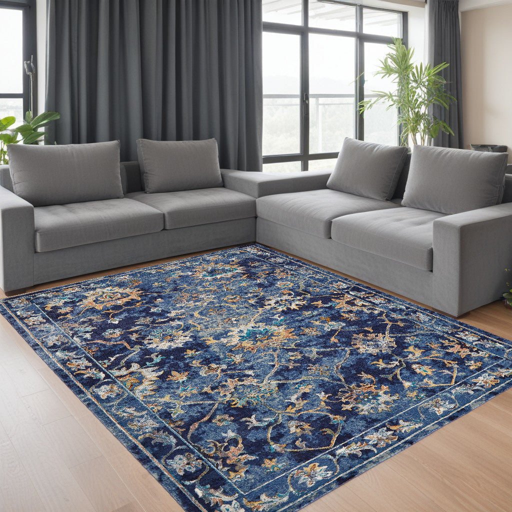 5 x 8 Blue Aqua and Gold Floral Area Rug Image 1