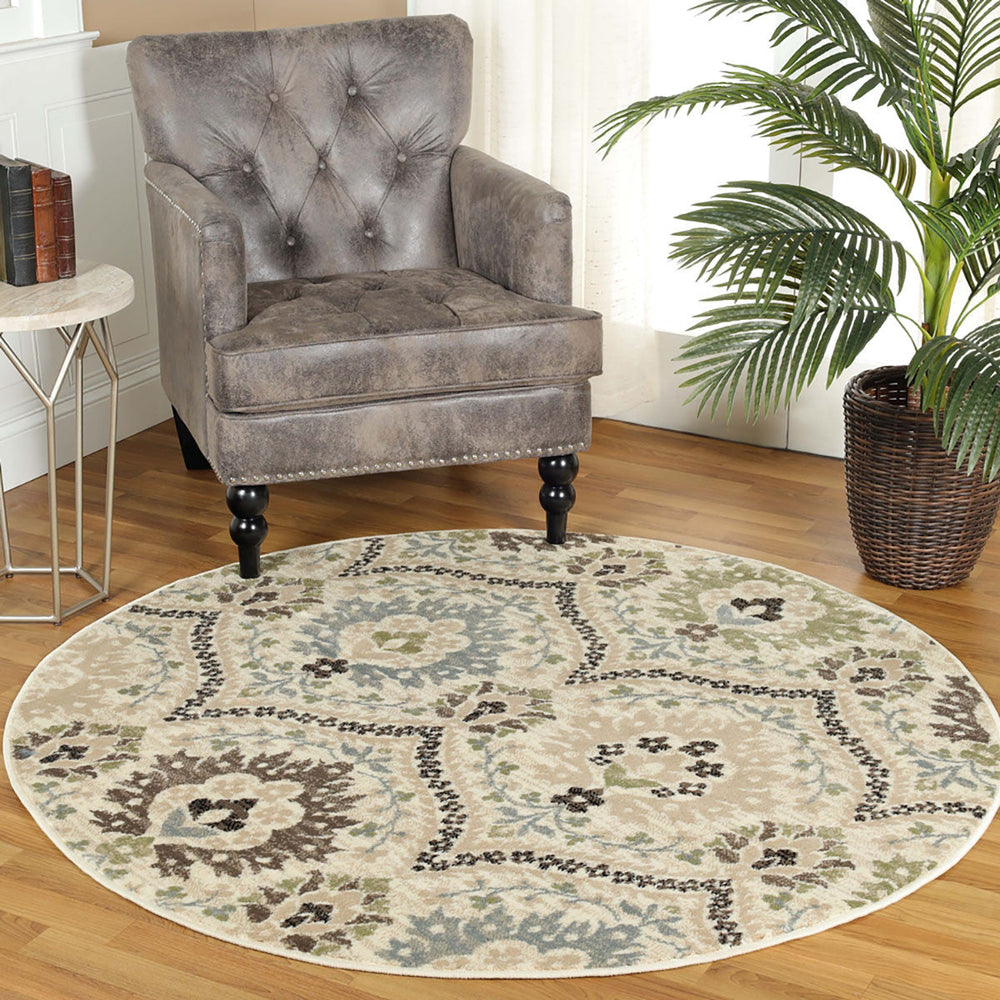 5 Round Ivory Gray And Olive Round Floral Stain Resistant Area Rug Image 2