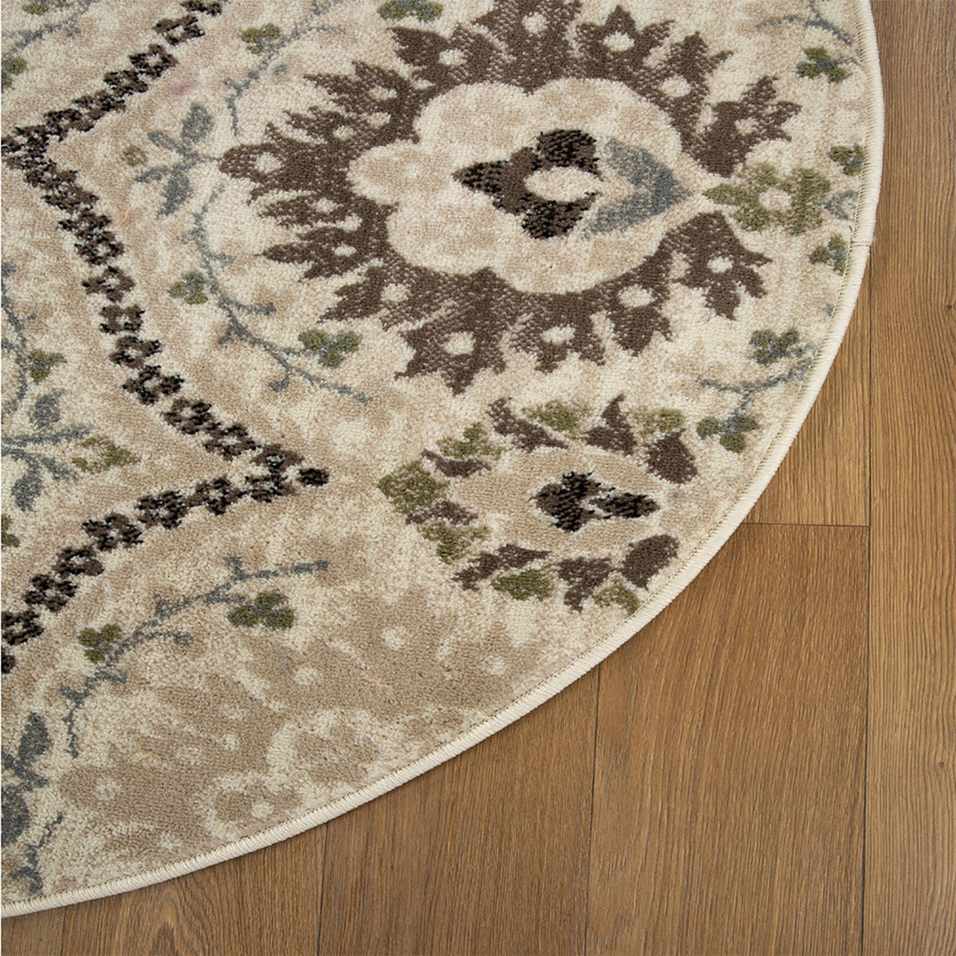 5 Round Ivory Gray And Olive Round Floral Stain Resistant Area Rug Image 3