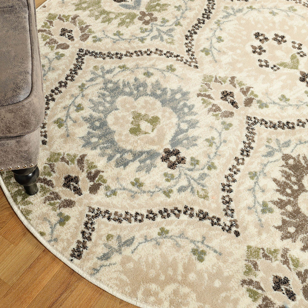 5 Round Ivory Gray And Olive Round Floral Stain Resistant Area Rug Image 6