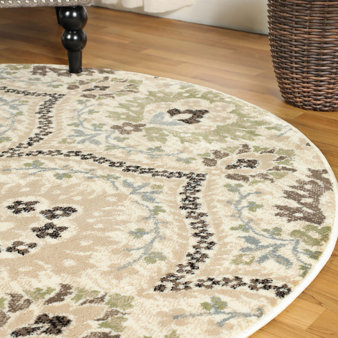 5 Round Ivory Gray And Olive Round Floral Stain Resistant Area Rug Image 7