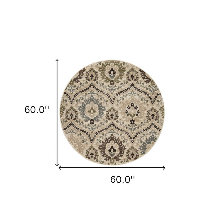 5 Round Ivory Gray And Olive Round Floral Stain Resistant Area Rug Image 8