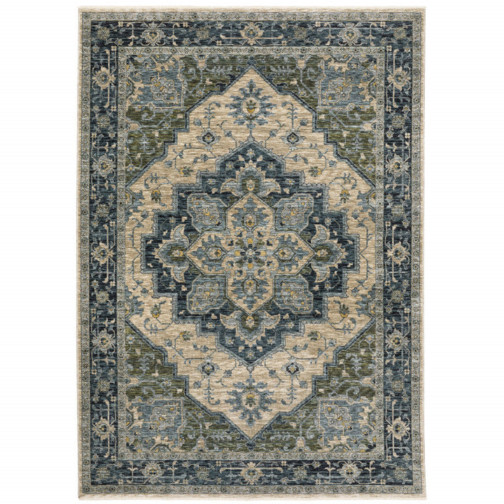 5 X 8 Blue Grey Beige Tan Green And Gold Oriental Power Loom Stain Resistant Area Rug With Fringe Image 1