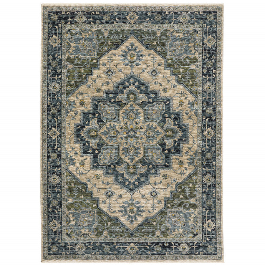 5 X 8 Blue Grey Beige Tan Green And Gold Oriental Power Loom Stain Resistant Area Rug With Fringe Image 1