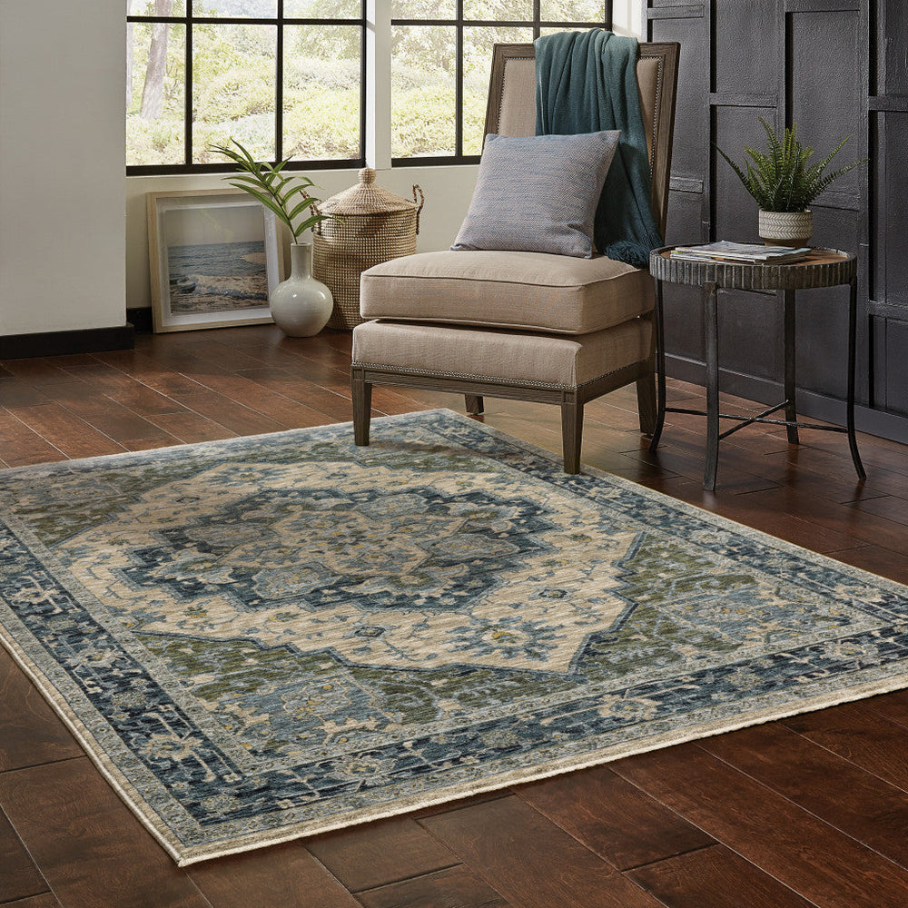 5 X 8 Blue Grey Beige Tan Green And Gold Oriental Power Loom Stain Resistant Area Rug With Fringe Image 2