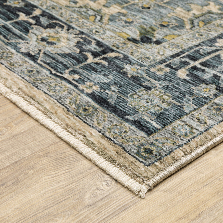 5 X 8 Blue Grey Beige Tan Green And Gold Oriental Power Loom Stain Resistant Area Rug With Fringe Image 3