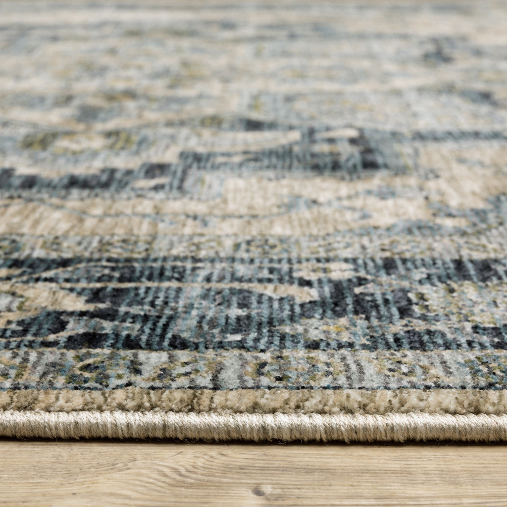 5 X 8 Blue Grey Beige Tan Green And Gold Oriental Power Loom Stain Resistant Area Rug With Fringe Image 4