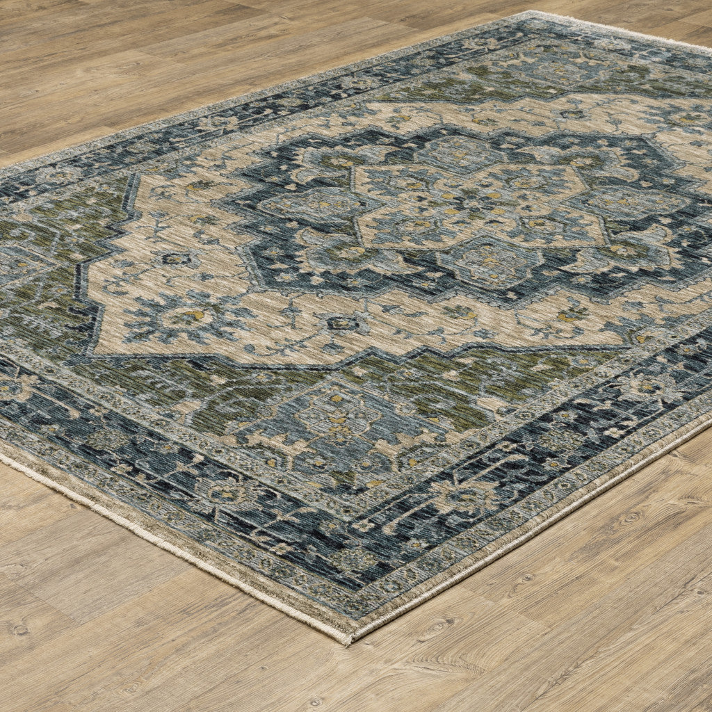 5 X 8 Blue Grey Beige Tan Green And Gold Oriental Power Loom Stain Resistant Area Rug With Fringe Image 5