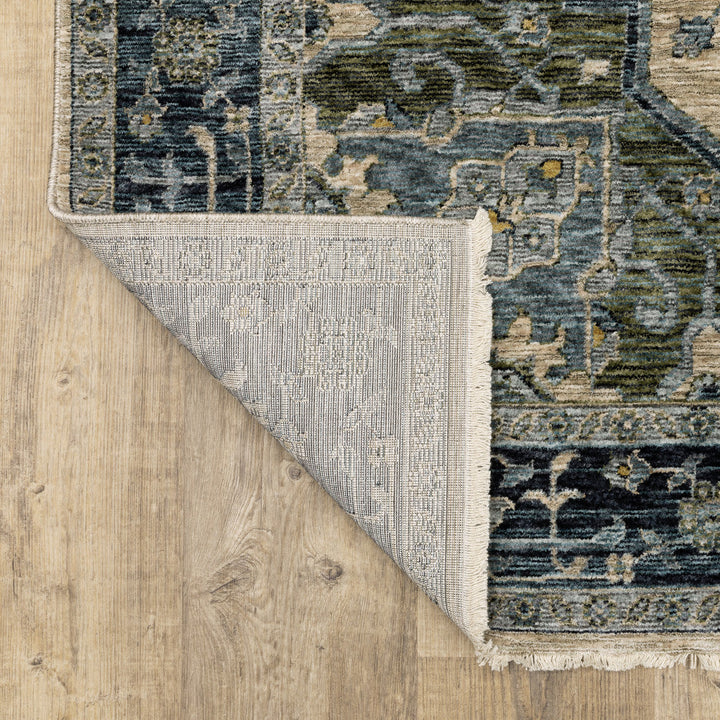 5 X 8 Blue Grey Beige Tan Green And Gold Oriental Power Loom Stain Resistant Area Rug With Fringe Image 7