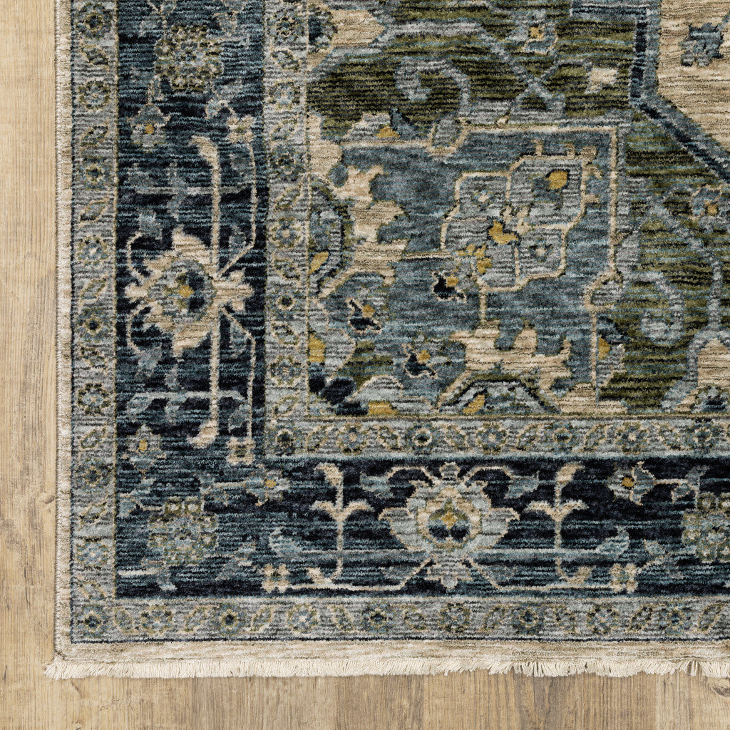 5 X 8 Blue Grey Beige Tan Green And Gold Oriental Power Loom Stain Resistant Area Rug With Fringe Image 9