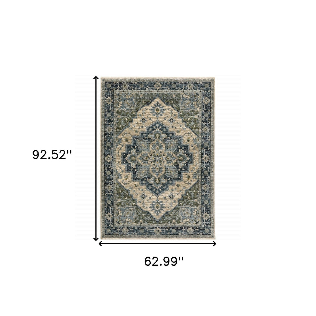 5 X 8 Blue Grey Beige Tan Green And Gold Oriental Power Loom Stain Resistant Area Rug With Fringe Image 11