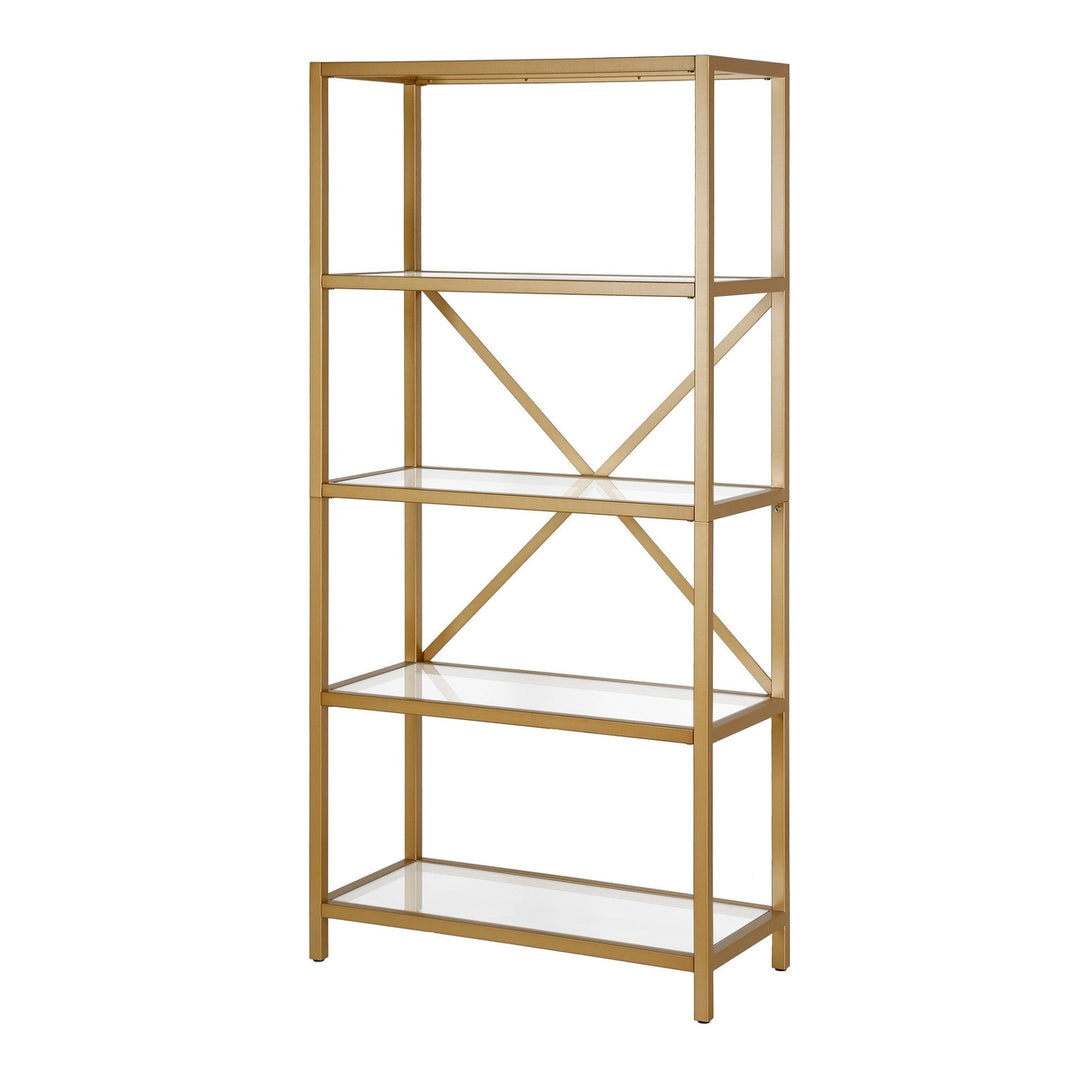 63" Gold Metal and Glass Five Tier Etagere Bookcase Image 1