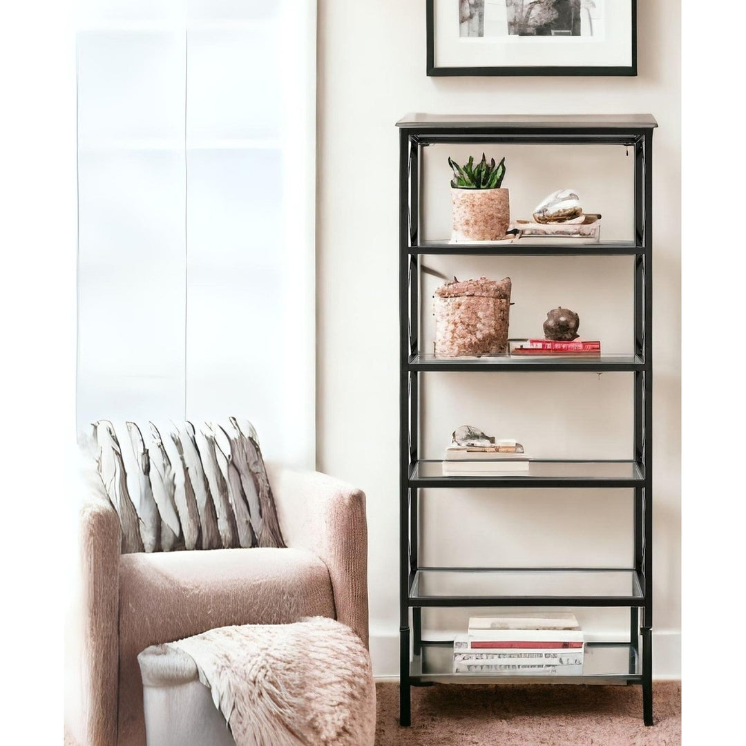 66" Black Metal and Glass Five Tier Etagere Bookcase Image 5