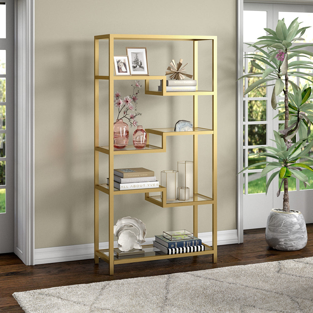 68" Gold Metal and Glass Seven Tier Etagere Bookcase Image 2