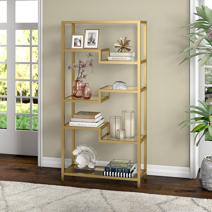 68" Gold Metal and Glass Seven Tier Etagere Bookcase Image 4