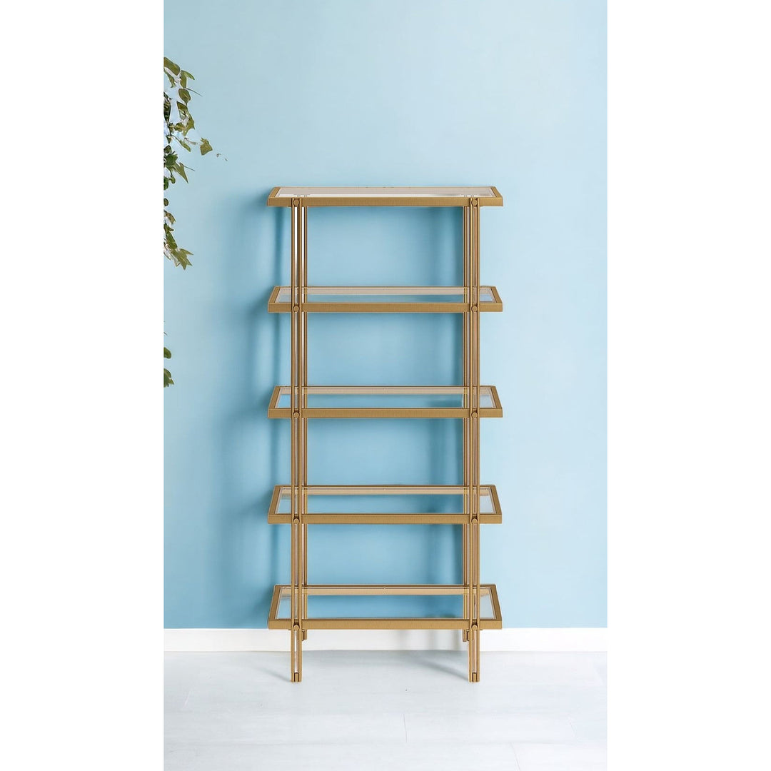 68" Gold Metal And Glass Five Tier Standard Bookcase Image 6