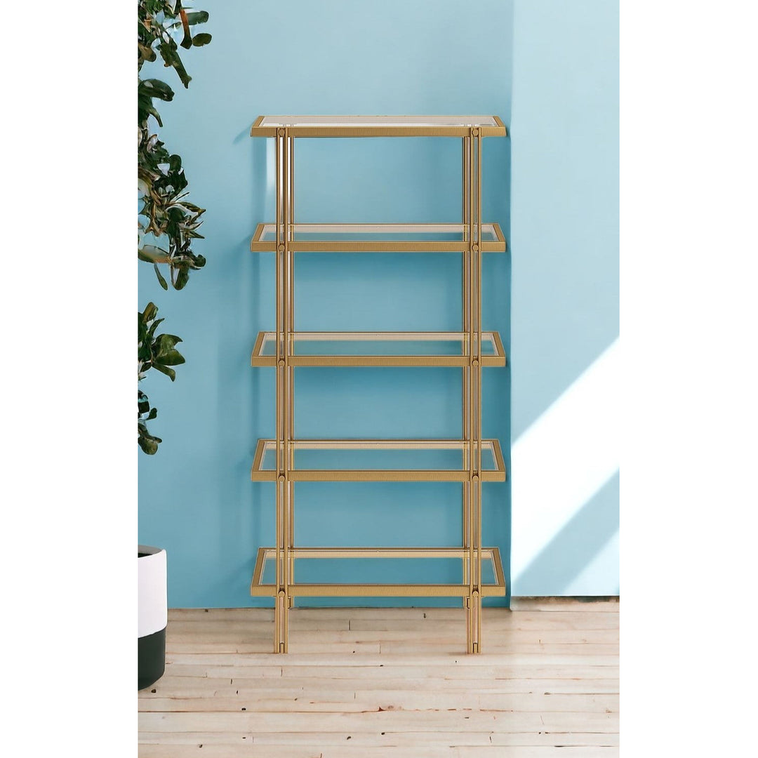 68" Gold Metal And Glass Five Tier Standard Bookcase Image 7