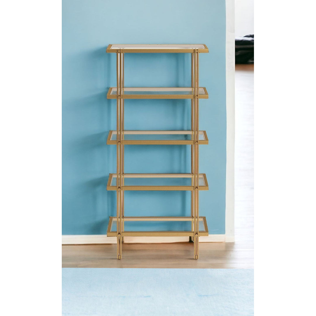 68" Gold Metal And Glass Five Tier Standard Bookcase Image 8