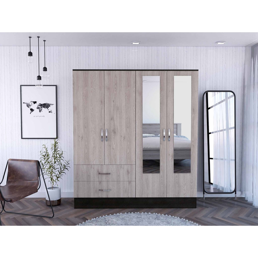 71" Light Oak and Black Four Door Wardrobe Closet with Mirrors Image 1