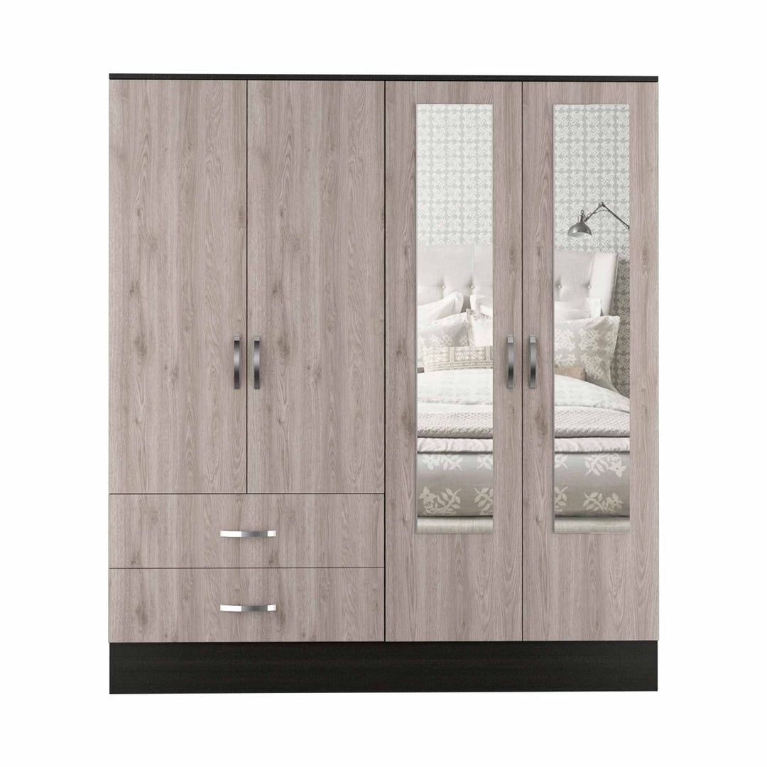 71" Light Oak and Black Four Door Wardrobe Closet with Mirrors Image 2