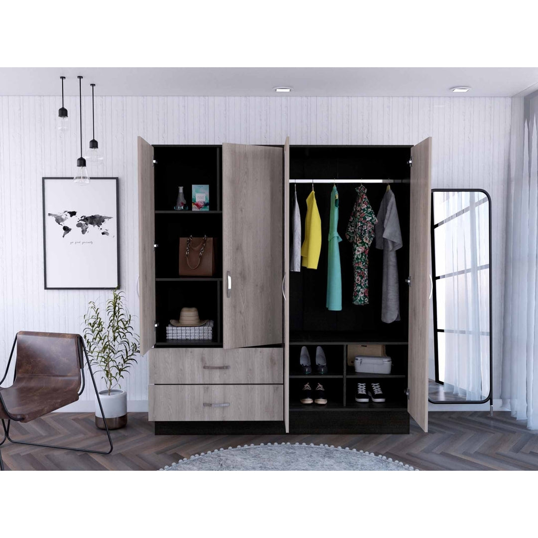 71" Light Oak and Black Four Door Wardrobe Closet with Mirrors Image 3