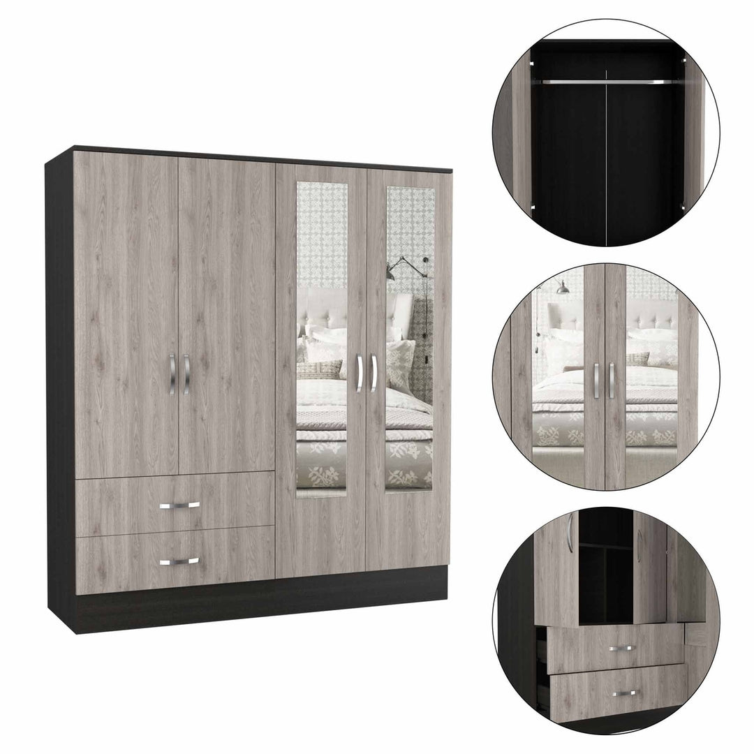 71" Light Oak and Black Four Door Wardrobe Closet with Mirrors Image 4