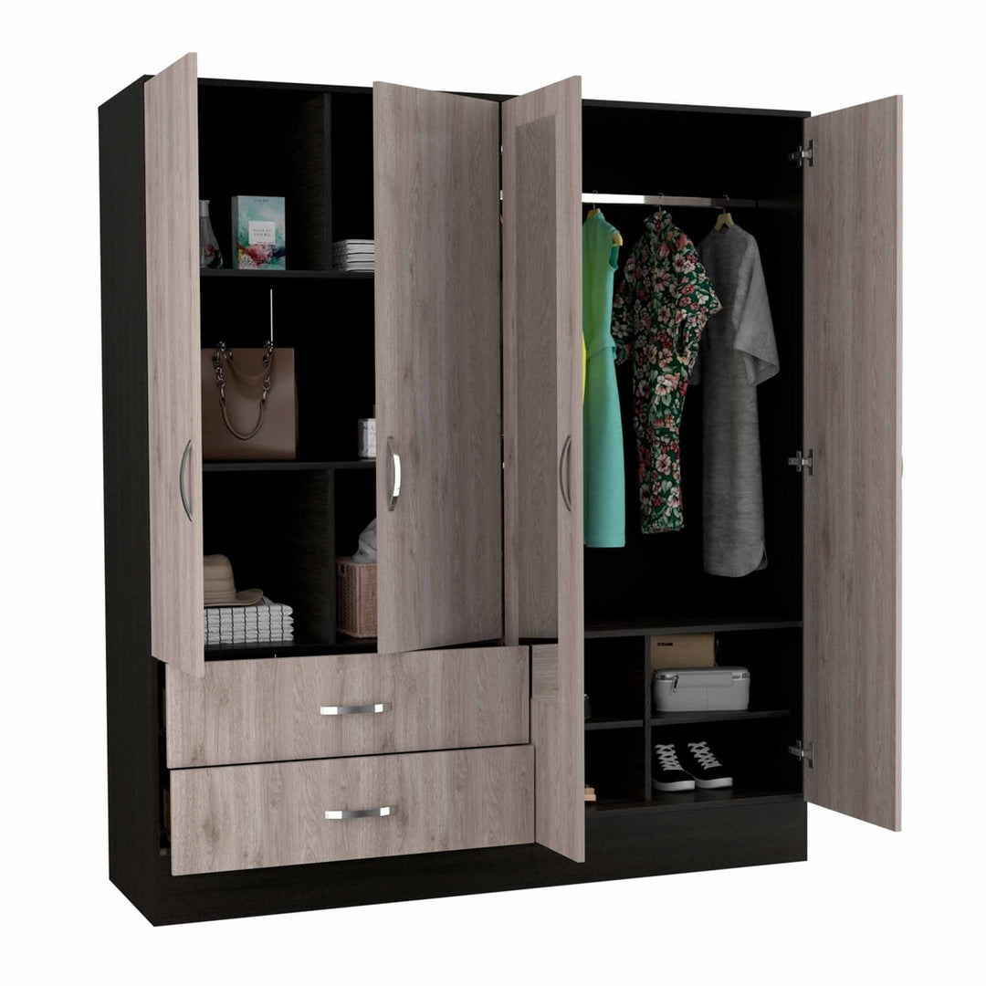 71" Light Oak and Black Four Door Wardrobe Closet with Mirrors Image 5