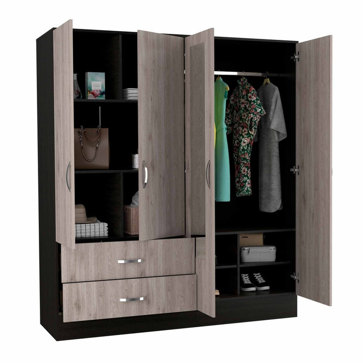 71" Light Oak and Black Four Door Wardrobe Closet with Mirrors Image 5