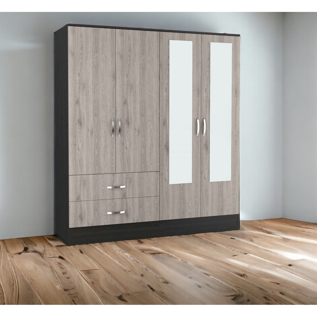 71" Light Oak and Black Four Door Wardrobe Closet with Mirrors Image 8