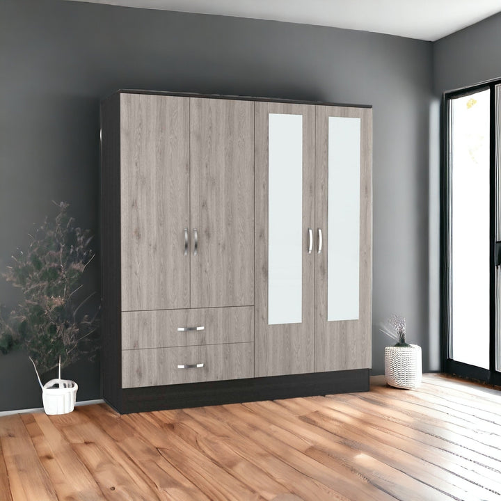 71" Light Oak and Black Four Door Wardrobe Closet with Mirrors Image 9