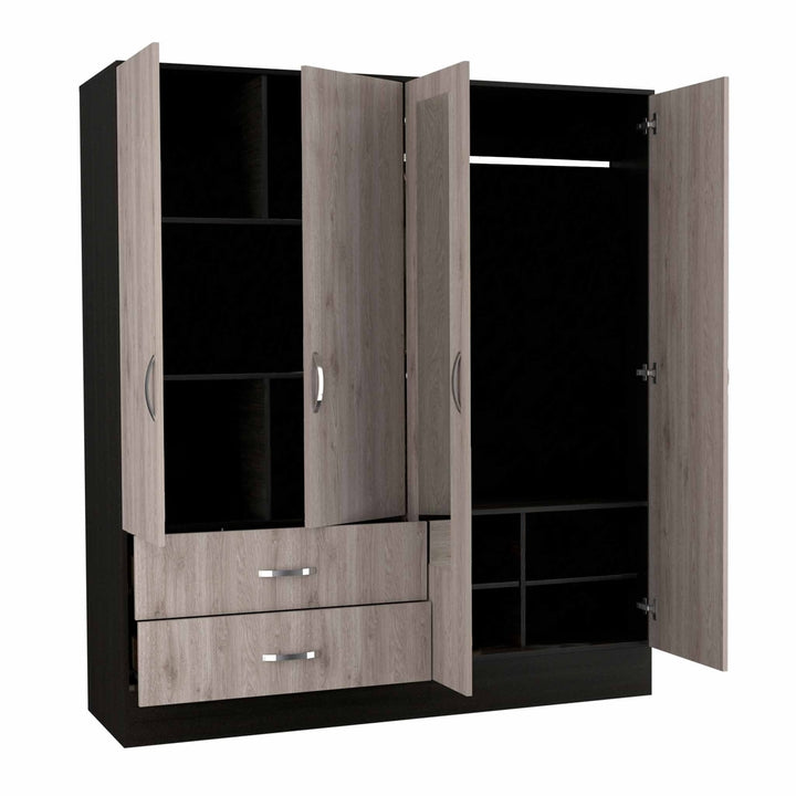 71" Light Oak and Black Four Door Wardrobe Closet with Mirrors Image 10