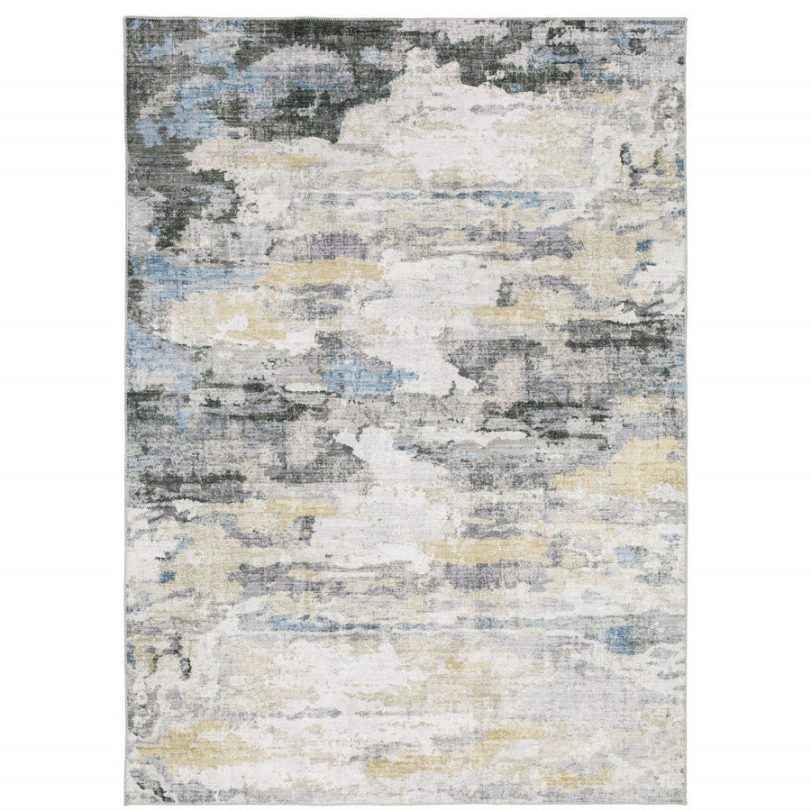 8 X 10 Grey Blue Charcoal Ivory Yellow Beige And Tan Abstract Printed Stain Resistant Non Skid Area Rug Image 1