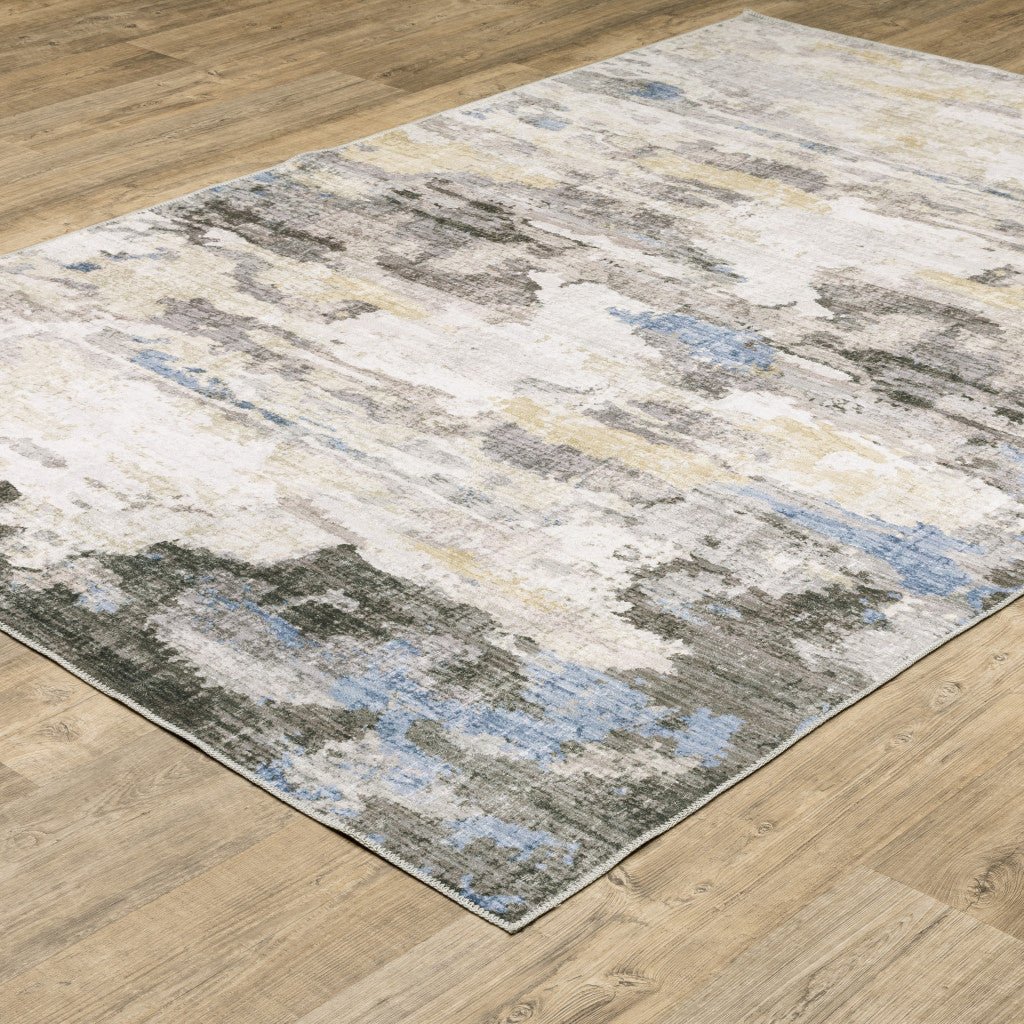 8 X 10 Grey Blue Charcoal Ivory Yellow Beige And Tan Abstract Printed Stain Resistant Non Skid Area Rug Image 4