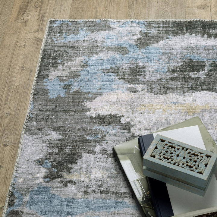 8 X 10 Grey Blue Charcoal Ivory Yellow Beige And Tan Abstract Printed Stain Resistant Non Skid Area Rug Image 5