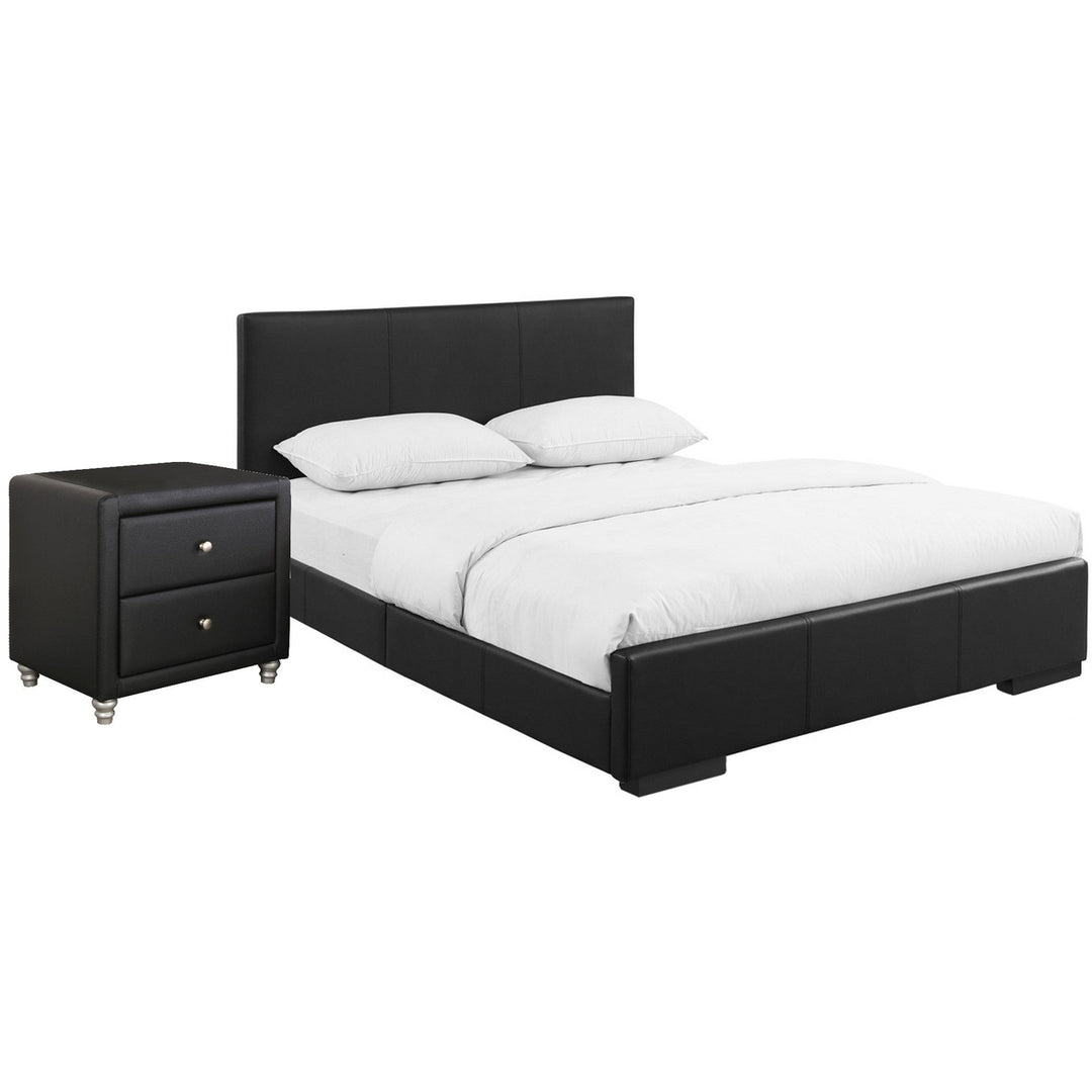 Black Upholstered Queen Platform Bed with Nightstand Image 1