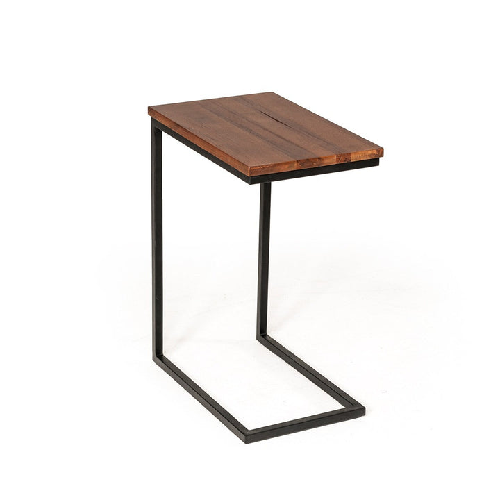 Modern Rustic Brown Aged Oak Wood and Metal C Shape Snack Table Image 2