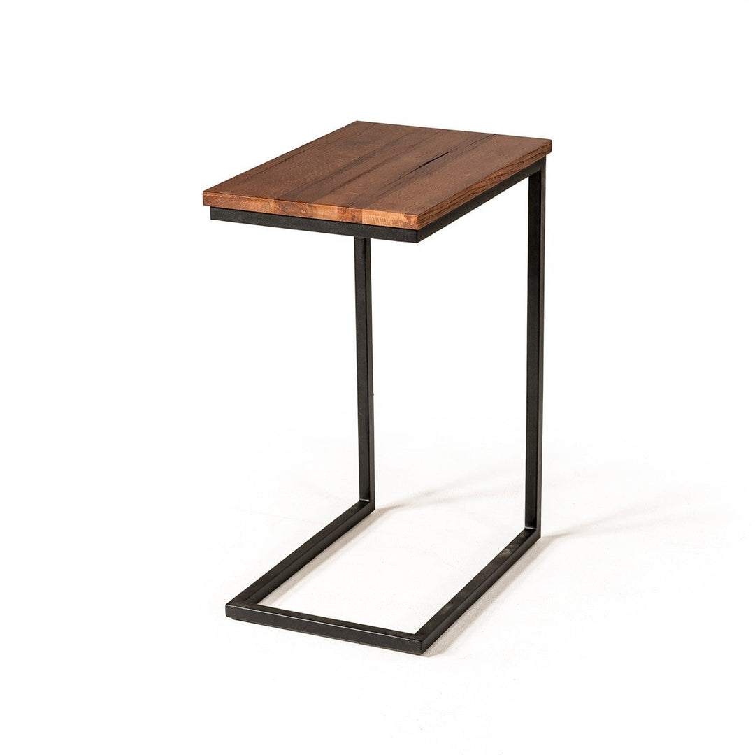 Modern Rustic Brown Aged Oak Wood and Metal C Shape Snack Table Image 3