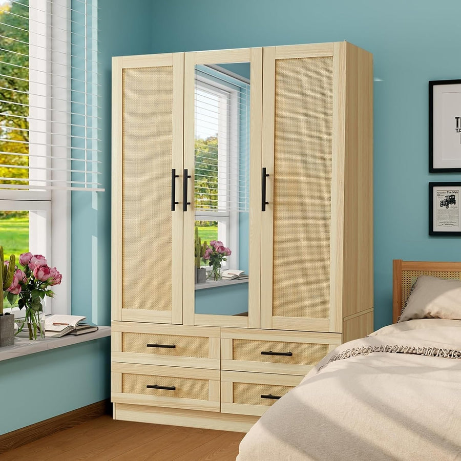 Rattan Wardrobe Closet Armoire with 3 Doors 4 Drawers Mirror Tall Storage 47in Image 1