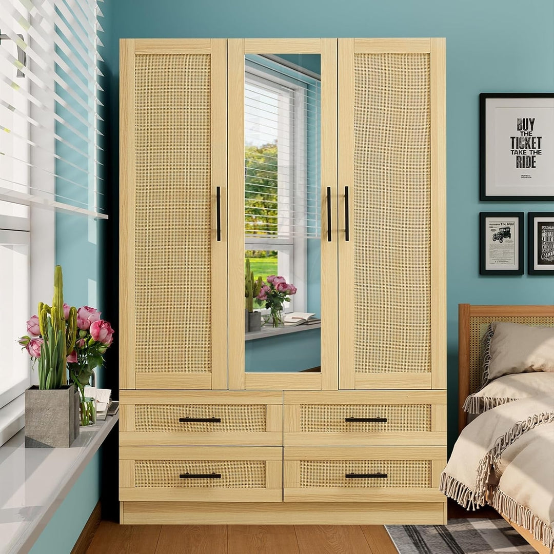 Rattan Wardrobe Closet Armoire with 3 Doors 4 Drawers Mirror Tall Storage 47in Image 2