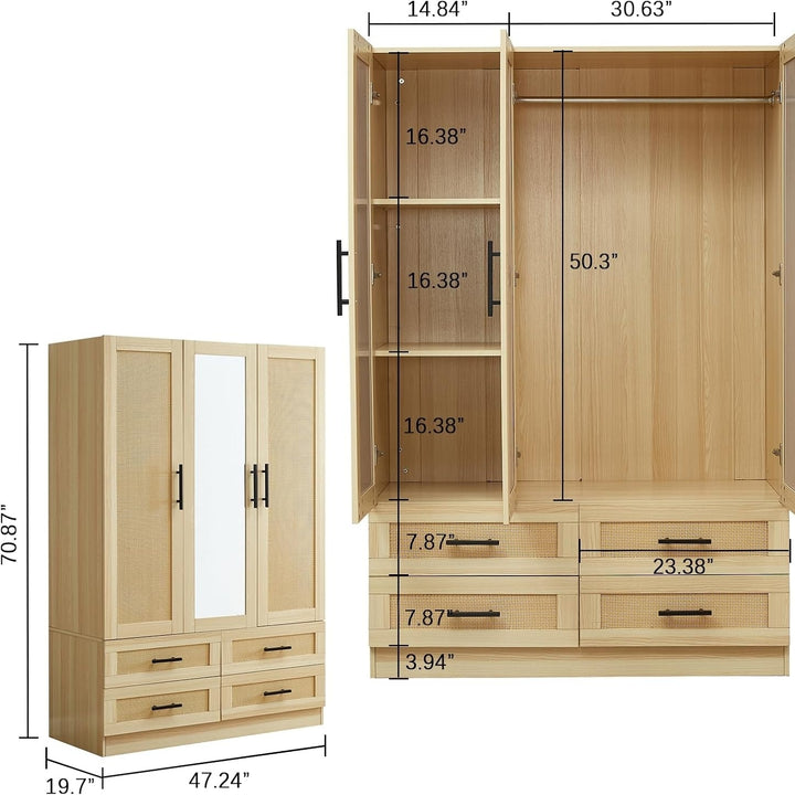 Rattan Wardrobe Closet Armoire with 3 Doors 4 Drawers Mirror Tall Storage 47in Image 3