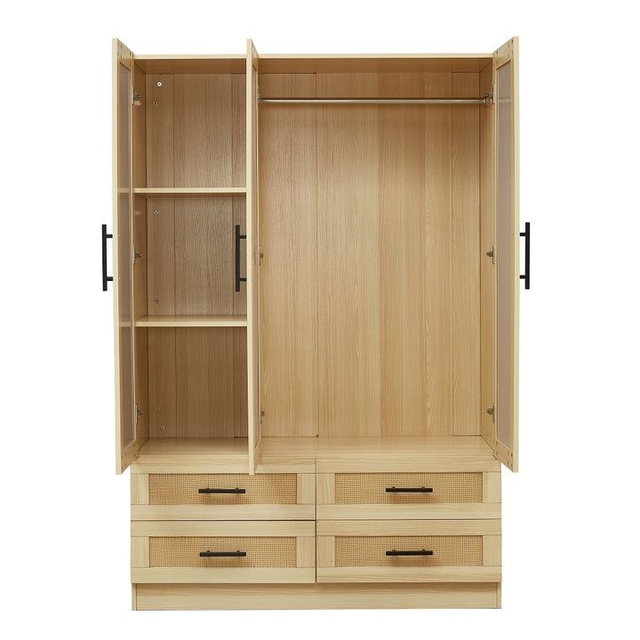 Rattan Wardrobe Closet Armoire with 3 Doors 4 Drawers Mirror Tall Storage 47in Image 5