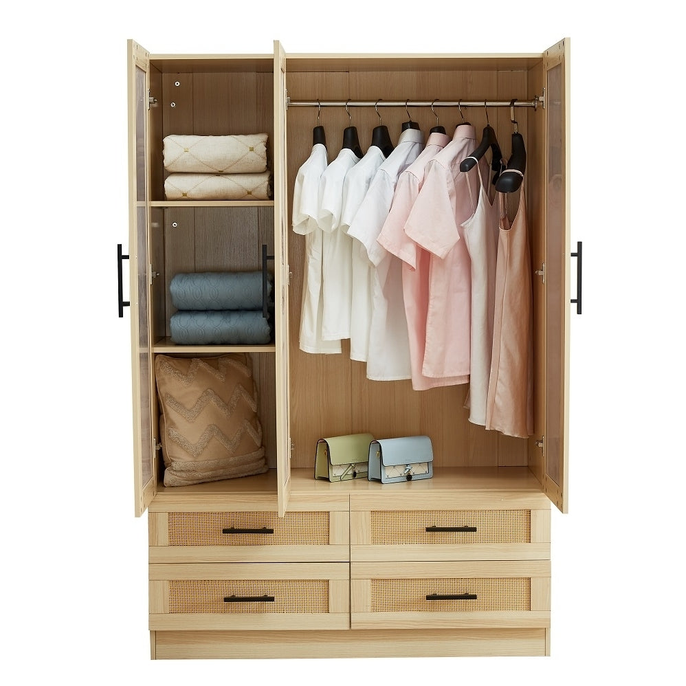 Rattan Wardrobe Closet Armoire with 3 Doors 4 Drawers Mirror Tall Storage 47in Image 9