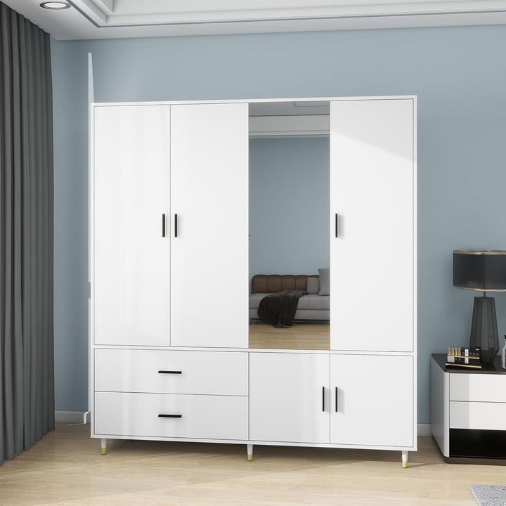 Wood Armoire Wardrobe Closet 4 Doors 2 Drawers Mirror Storage Cabinet Bedroom Image 1