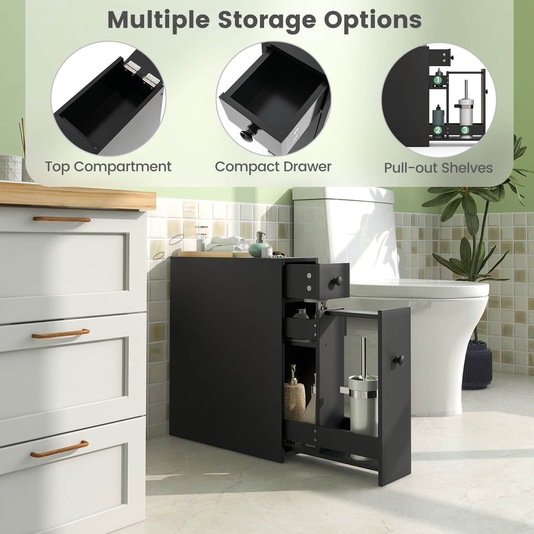 Floor Cabinet Drawers Stand Storage Unit Bath Kitchen Space Saver MDF Black Image 6