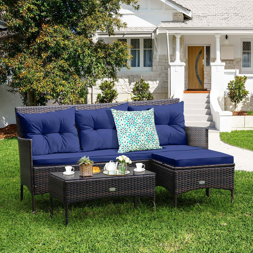 Costway 3PCS Patio Rattan Furniture Set 3-Seat Sofa Cushioned Table Garden Turqouise/Grey/Off White/Navy Image 2